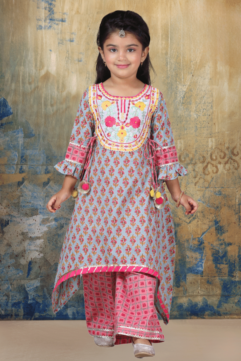 Pink with Grey Digital Print, Embroidery and Mirror work for Girls Palazzo Suit Set - Seasons Chennai