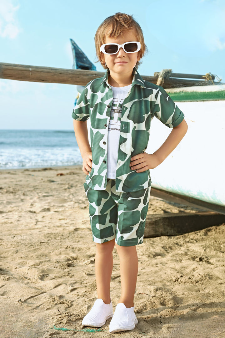Half White with Green Printed Co-ord Set for Boys