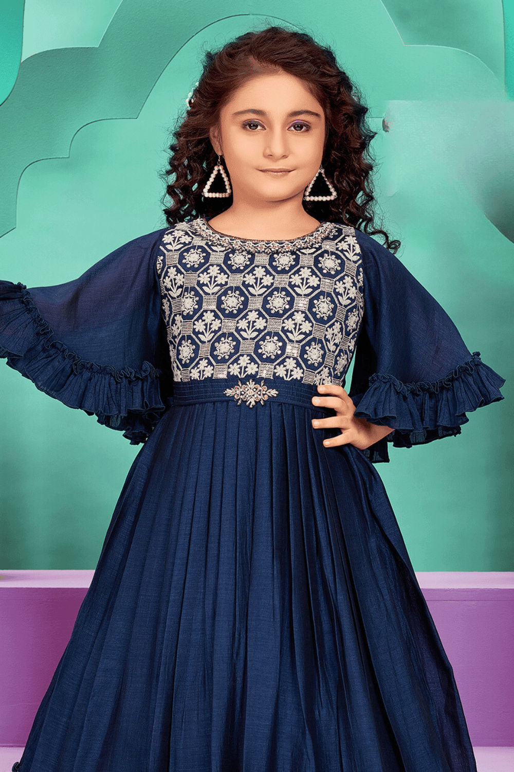 Peacock Blue Embroidery, Sequins, Stone, Pearl and Zardozi work Long Party Gown for Girls - Seasons Chennai