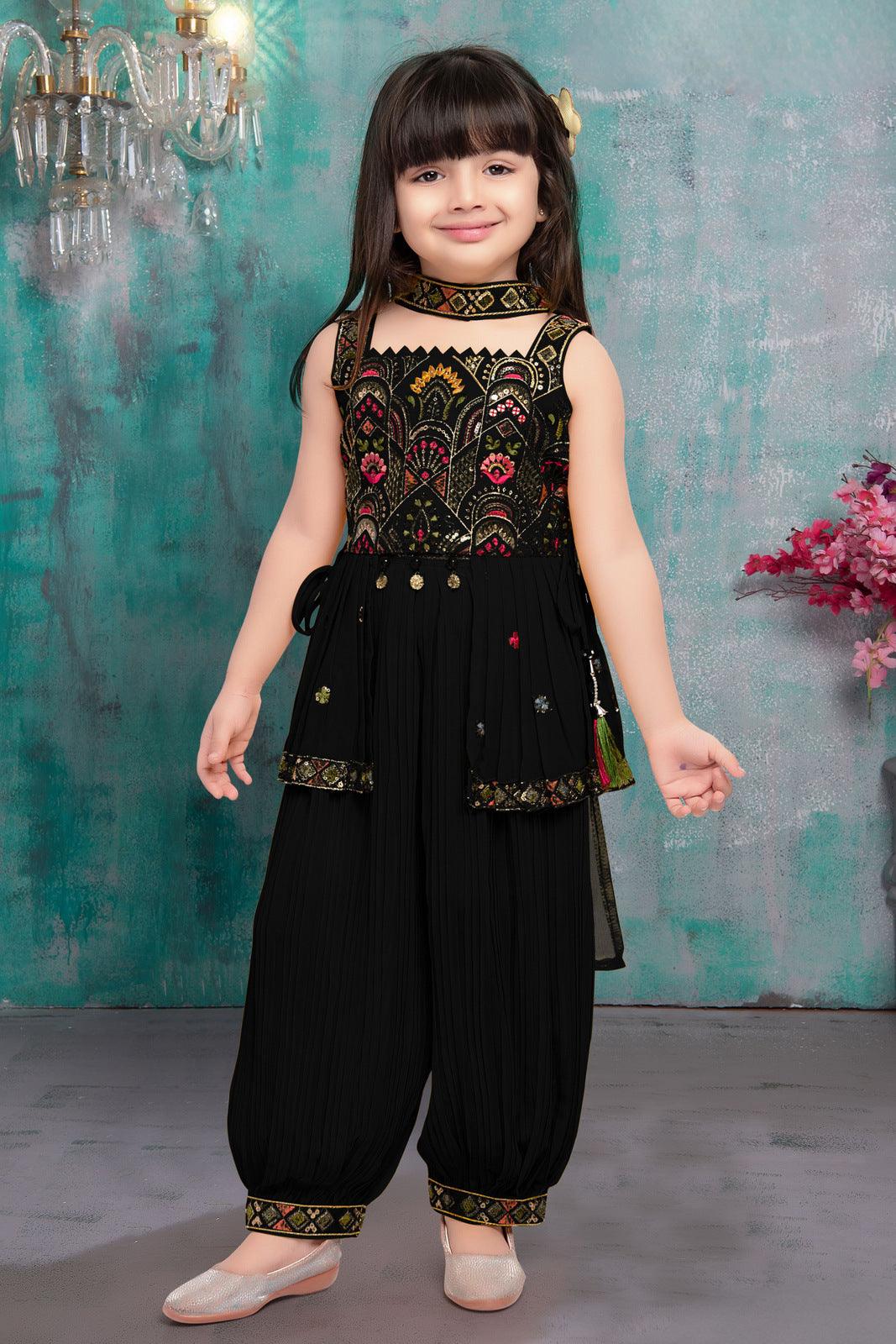 Black Sequins and Multicolor Thread work Peplum Top and Afghani Set for Girls - Seasons Chennai