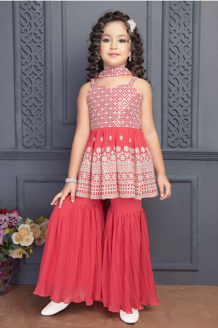 Dark Pink Sequins and Zari work Peplum Top and Sharara Set for Girls - Seasons Chennai