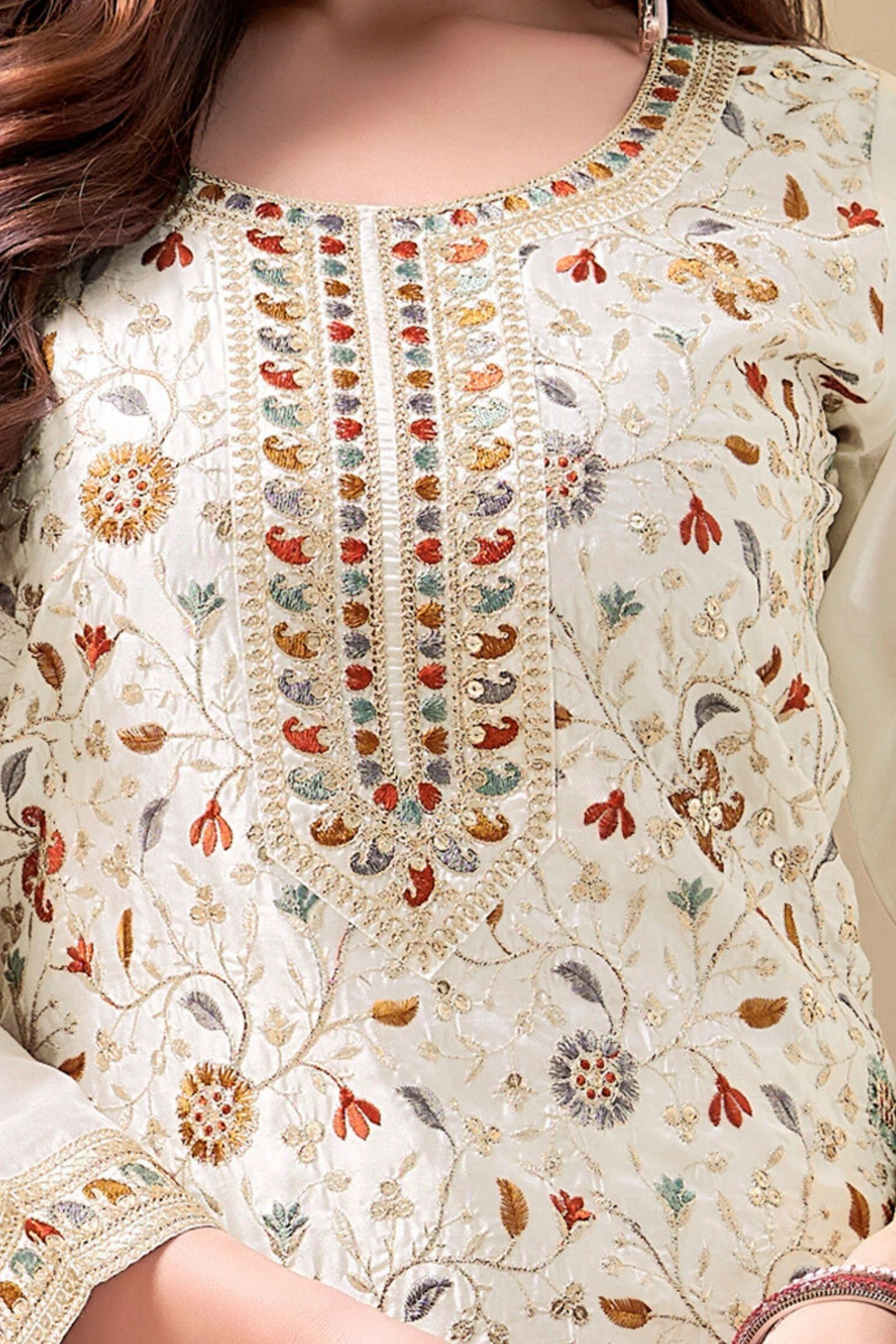 Half White Zari, Sequins and Multicolor Thread work Straight Cut Salwar Suit