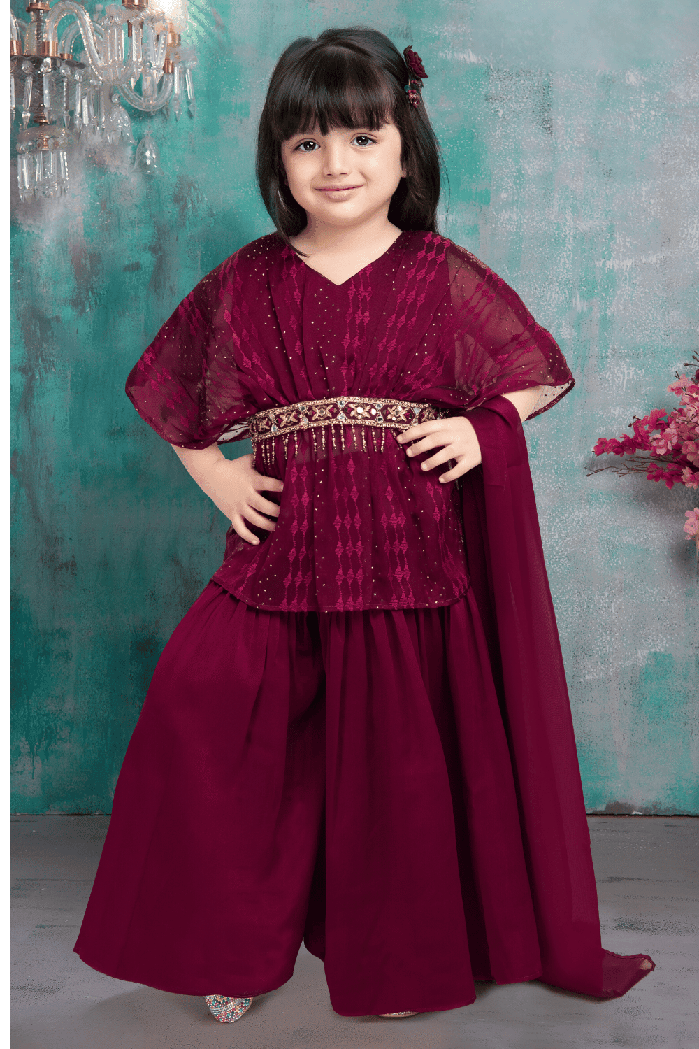 Maroon Thread, Stone, Zardozi, Sequins and Zari work Poncho Styled Sharara Suit Set for Girls - Seasons Chennai