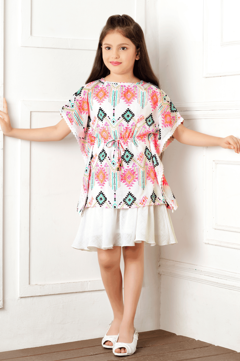 Half White Multicolor Digital Print Kaftan Styled Top and Knee Length Casual Frock for Girls - Seasons Chennai