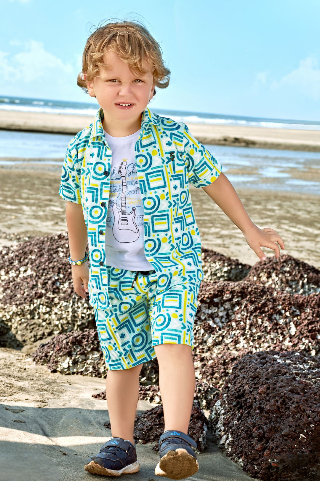 Light Blue with White Multicolor Printed Co-Ord Set for Boys