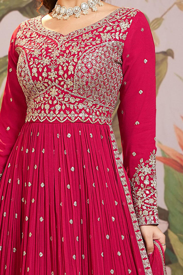 Rani Pink Zari and Sequins work Salwar Suit with Palazzo Pants - Seasons Chennai