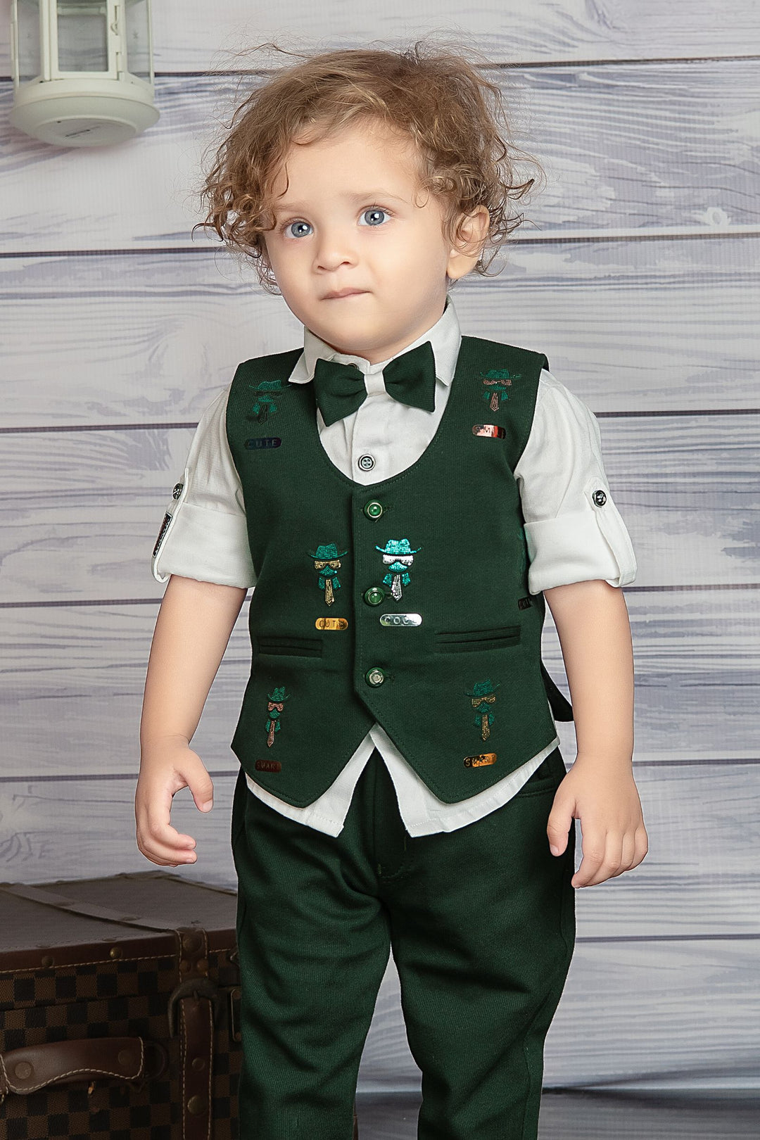 Green with White Waist Coat and Set for Boys