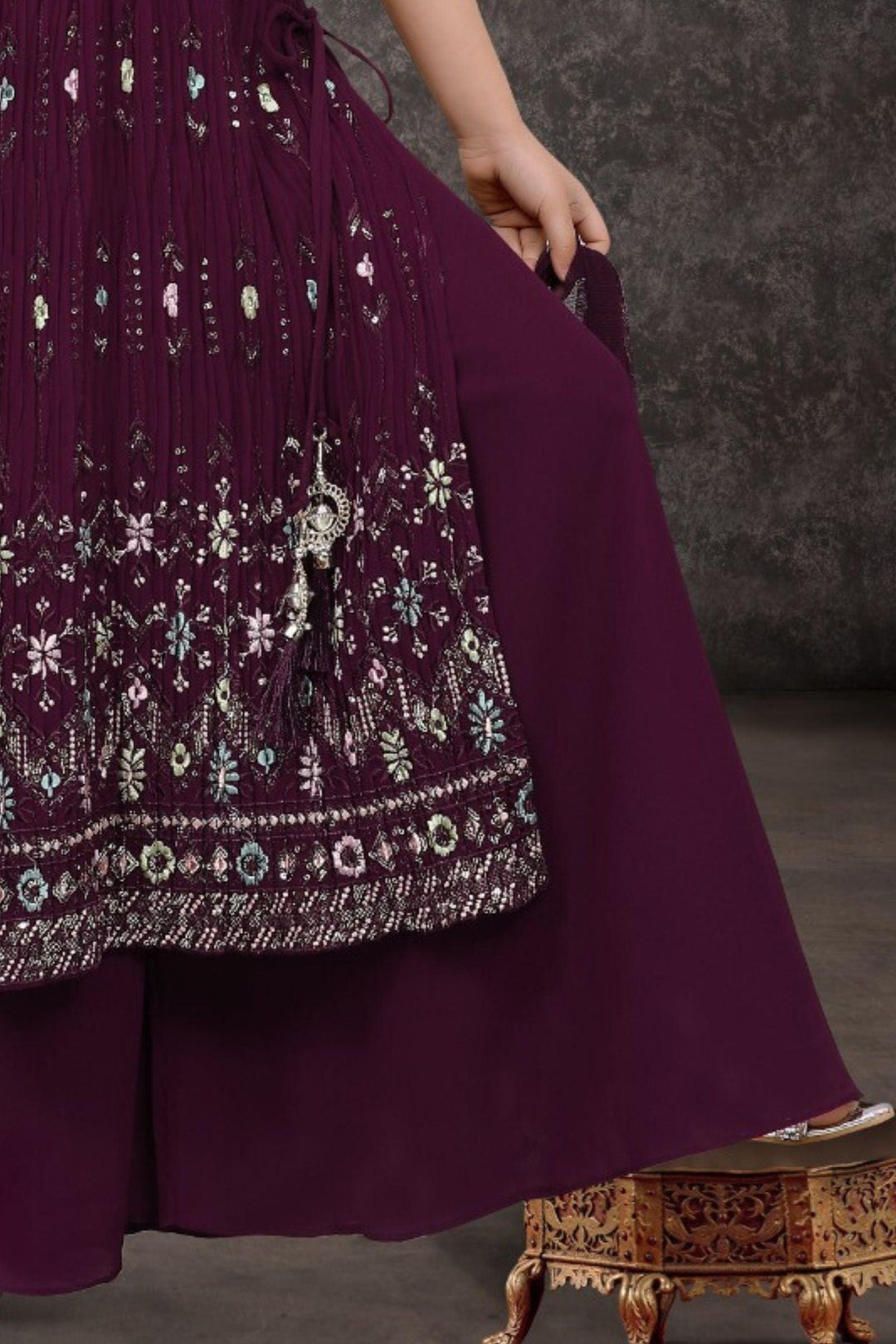 Wine Multicolor Embroidery and Sequins work for Girls Palazzo Suit Set - Seasons Chennai