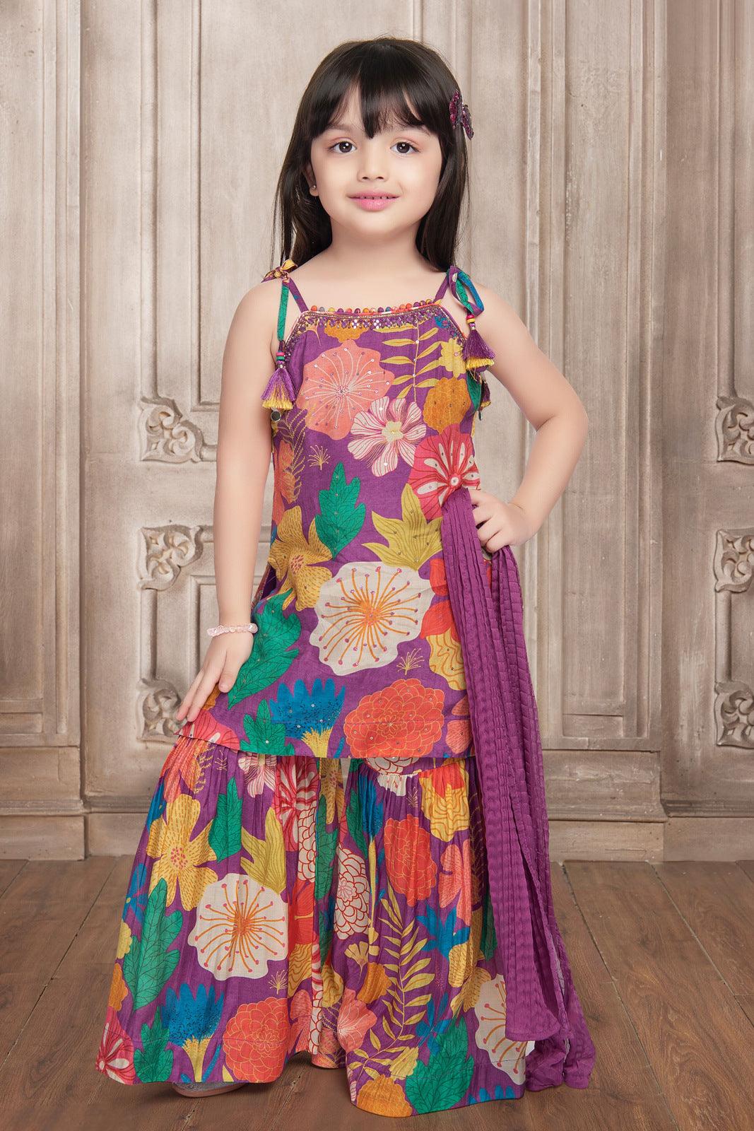 Purple Sequins and Mirror work with Multicolor Print for Girls Sharara Suit Set - Seasons Chennai