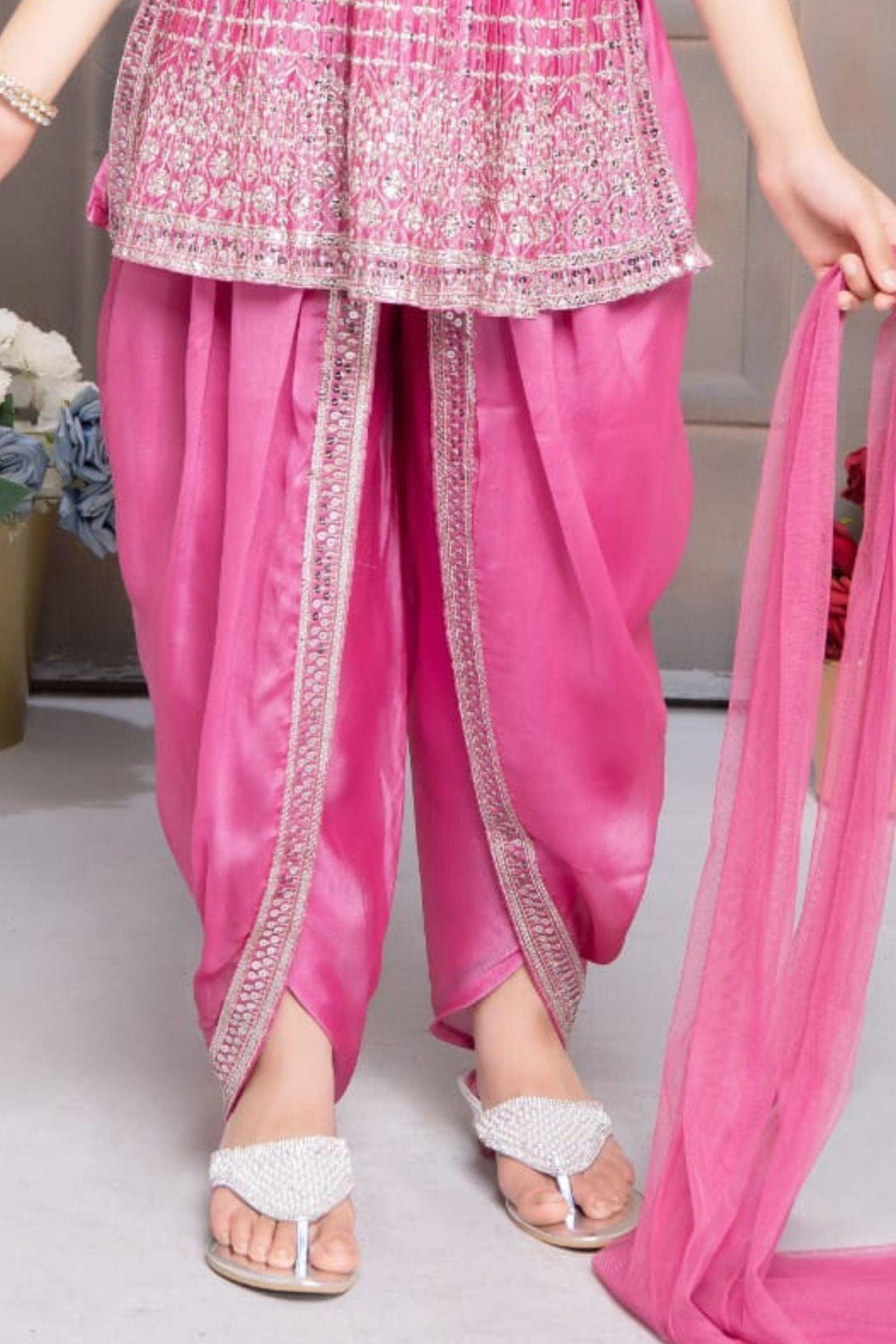 Pink Silver Zari and Sequins work Overcoat with Dhoti Style Peplum Kurti for Girls - Seasons Chennai