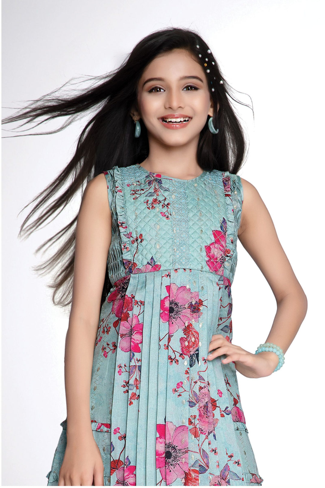 Dark Pista Green Thread work with Floral Print Knee Length Casual Frock for Girls