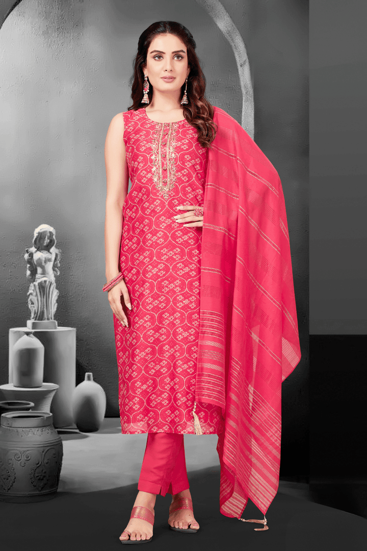 Pink Sequins, Beads, Zardozi and Mirror work with Bandini Print Straight Cut Salwar Suit - Seasons Chennai