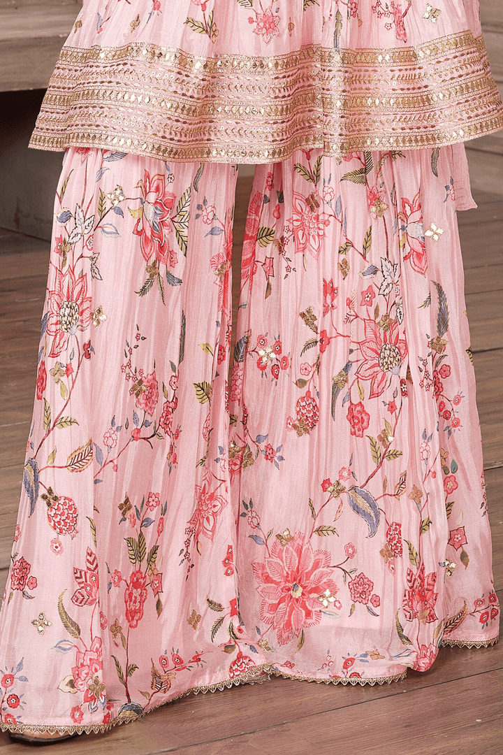 Baby Pink Multicolor Digital Print, Sequins and Zari work Peplum Style Sharara Suit Set for Girls - Seasons Chennai