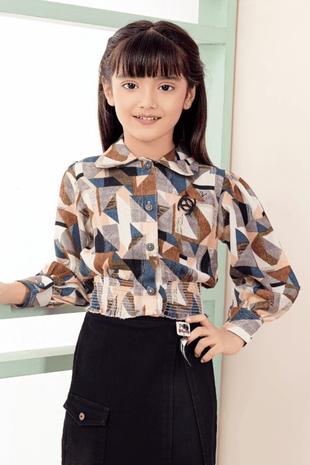 Black with Multicolor Digital Print Top and Divider Skirt for Girls - Seasons Chennai