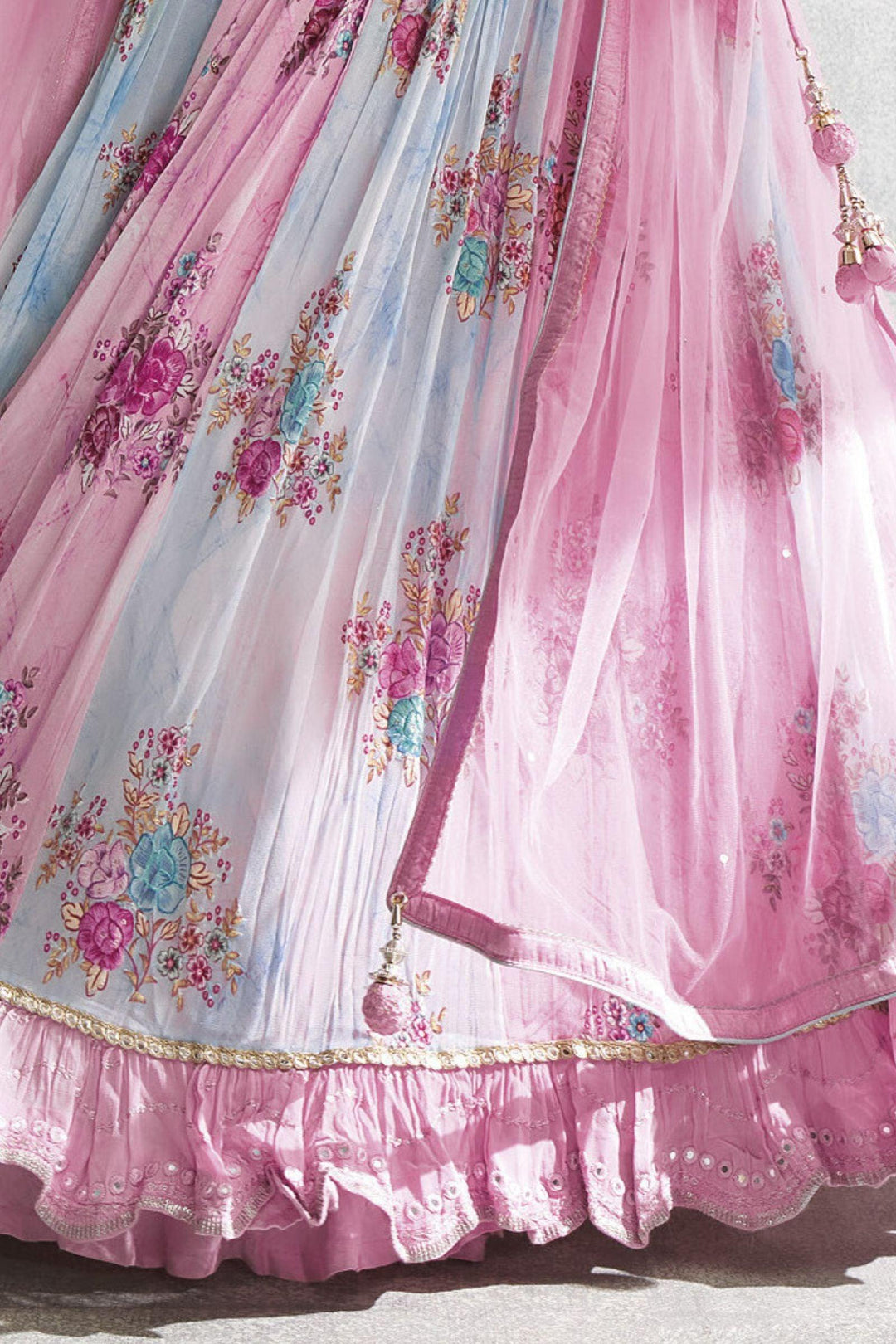 Baby Pink with Sky Blue Shades Floral Print, Pearl and Embroidery work Crop Top Lehenga - Seasons Chennai