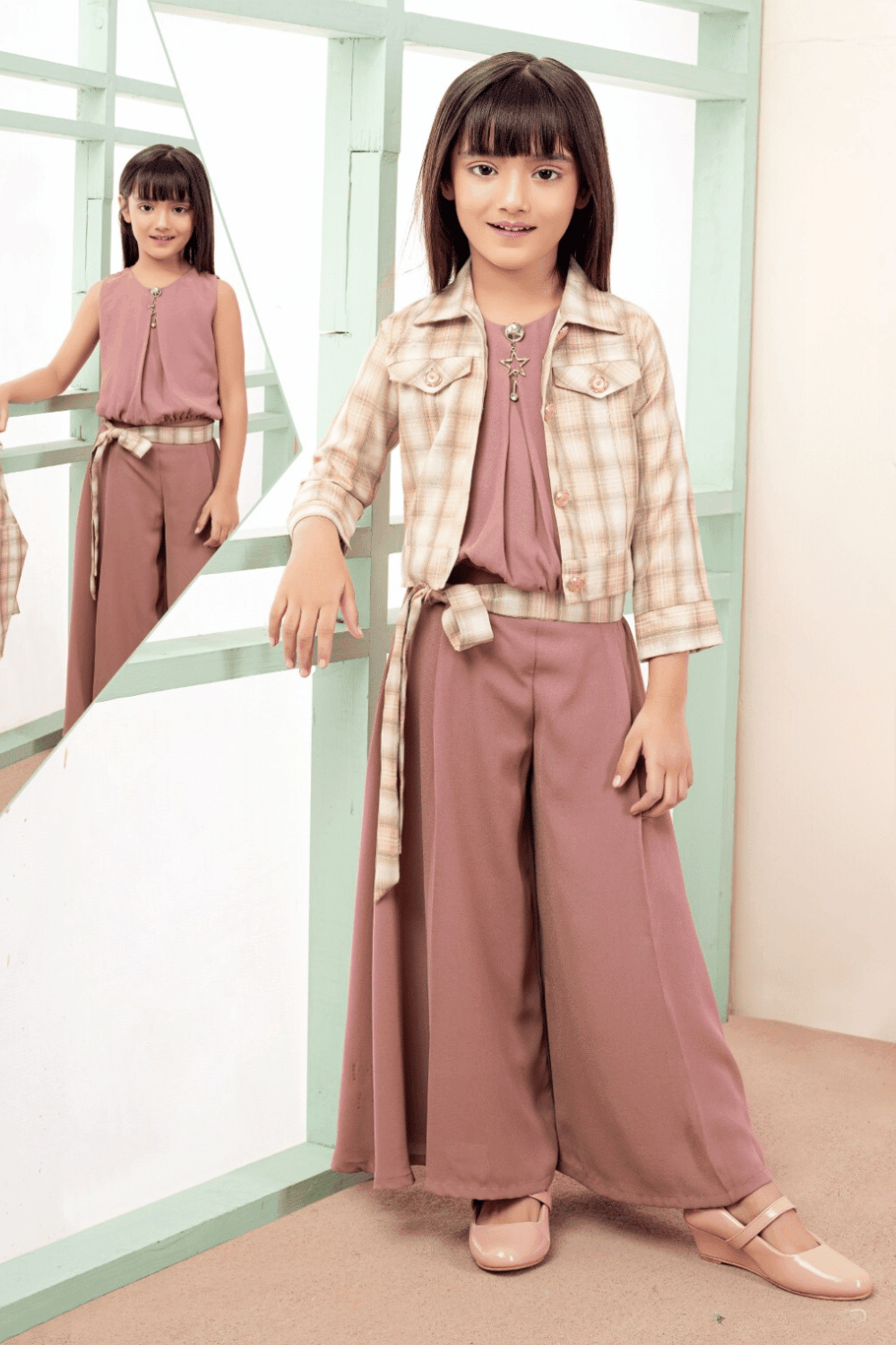 Onion Printed Overcoat Styled Top with Palazzo Set for Girls with Belt - Seasons Chennai