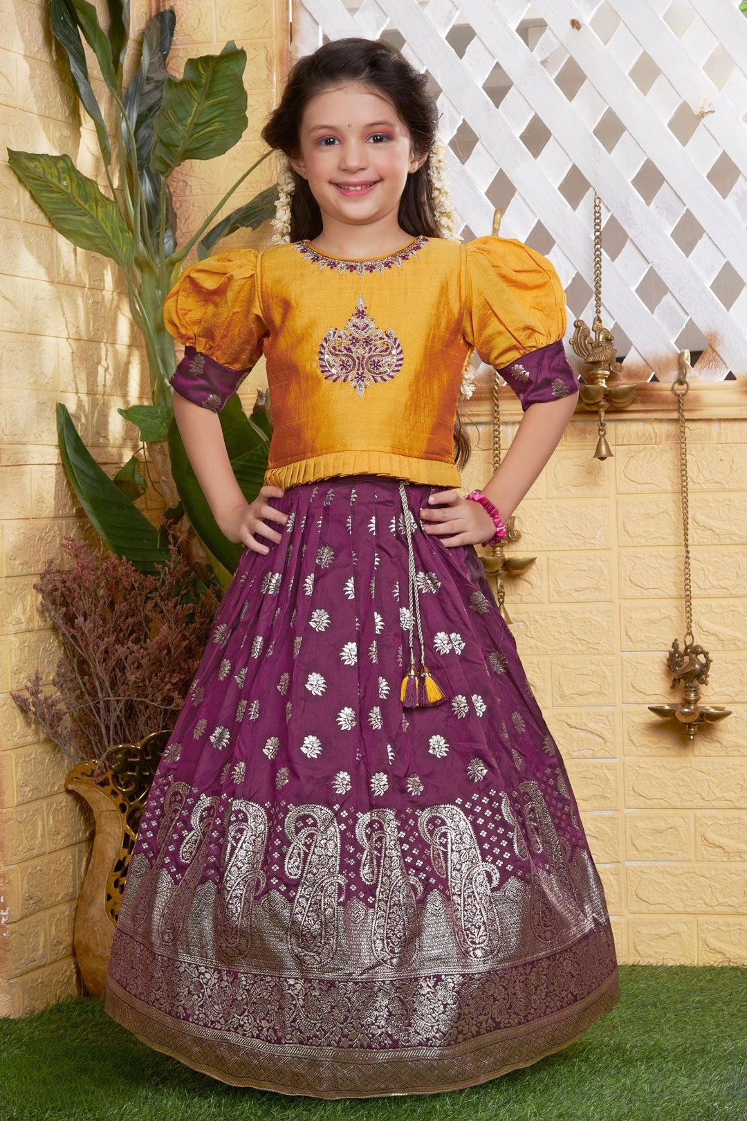 Yellow with Wine Banaras, Stone, Sequins, Zari and Thread work Lehenga Choli for Girls - Seasons Chennai