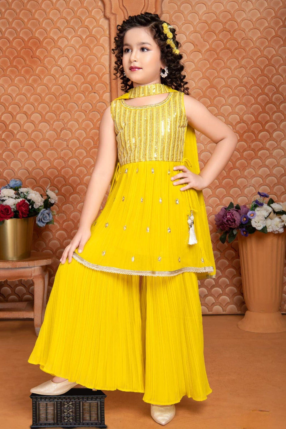 Yellow Thread, Stone, Zari, Beads and Sequins work Peplum Top and Sharara Set for Girls - Seasons Chennai
