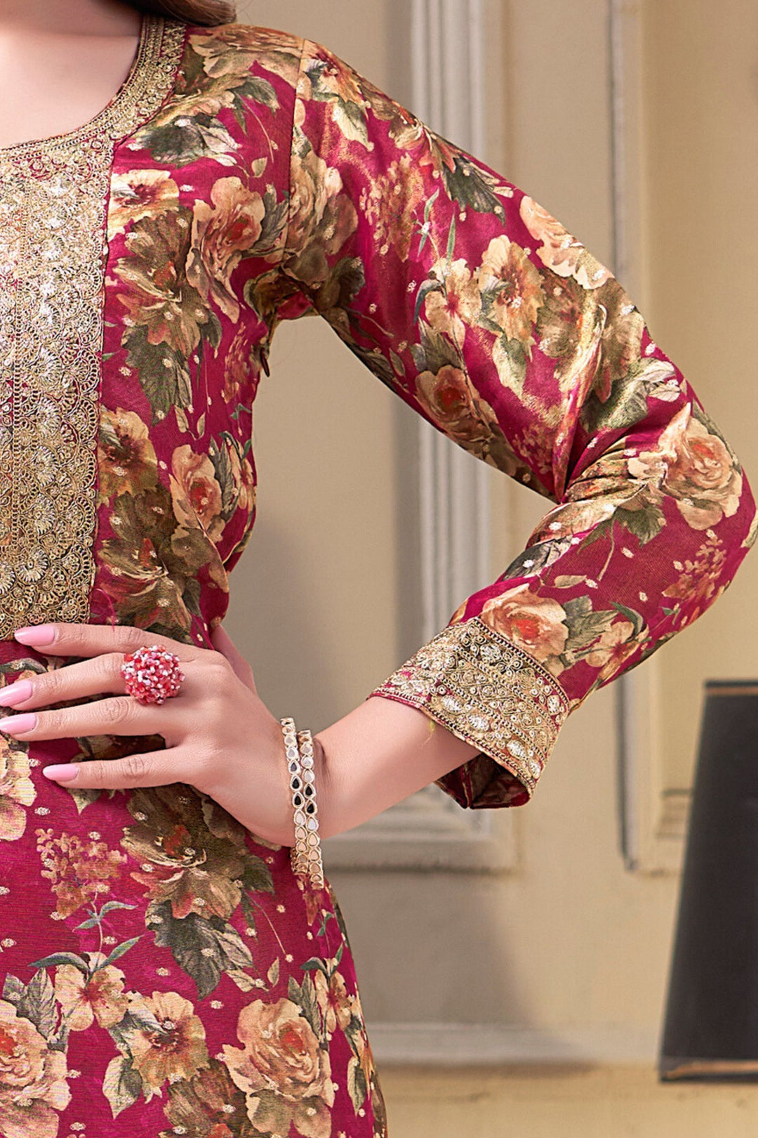 Pink Sequins and Zari work with Banaras Zari Weaving Straight Cut Salwar Suit