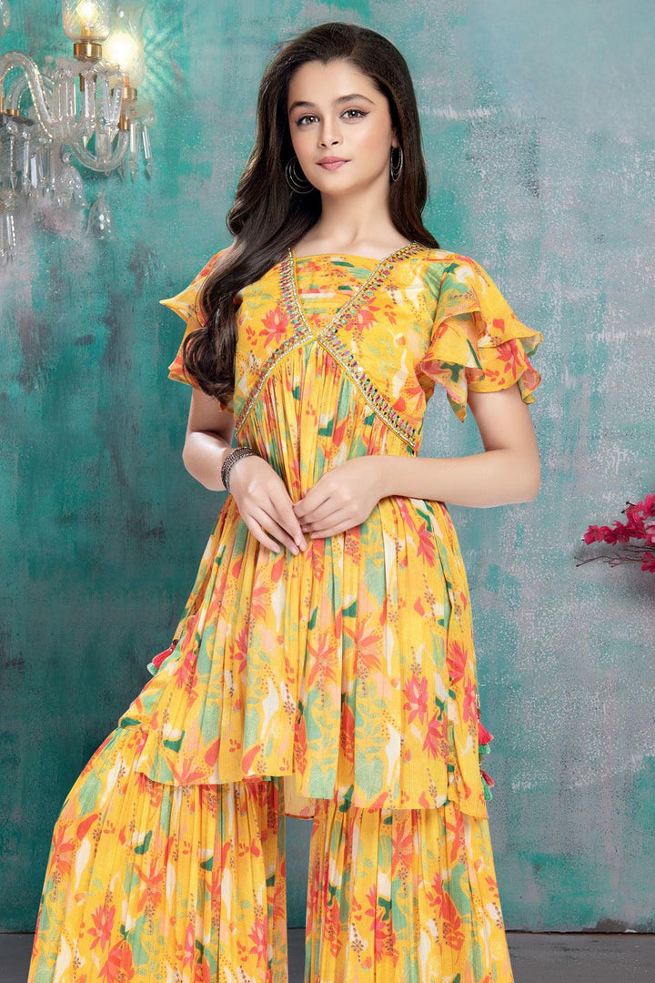 Yellow Digital Print Alia Cut Peplum Top and Sharara Set for Girls - Seasons Chennai