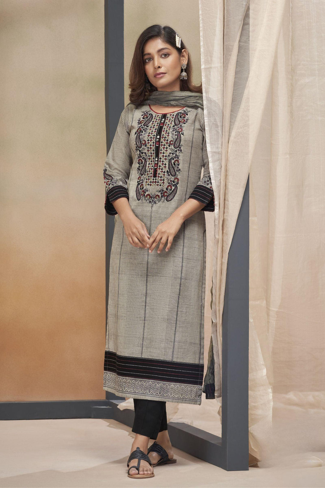 Grey with Black Embroidery and Zari work Straight Cut Salwar Suit - Seasons Chennai