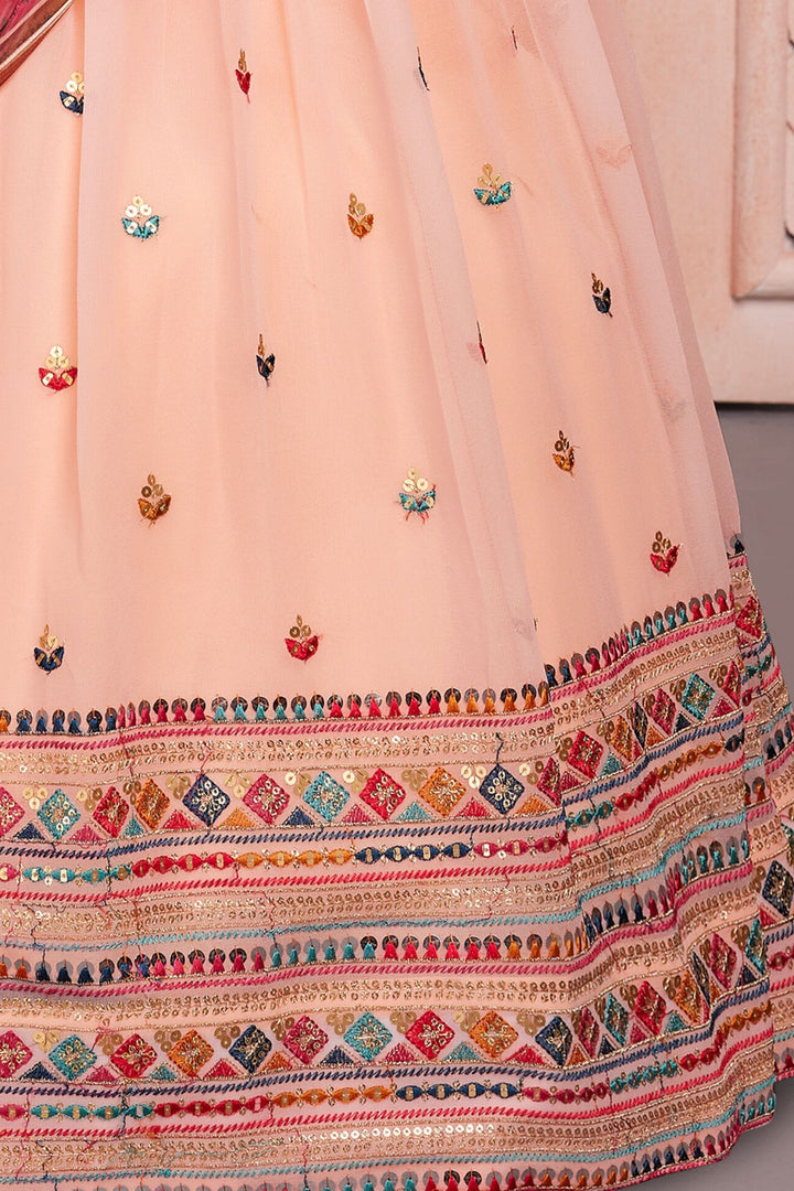 Peach Multicolor Thread, Sequins and Zari work Lehenga Choli for Girls