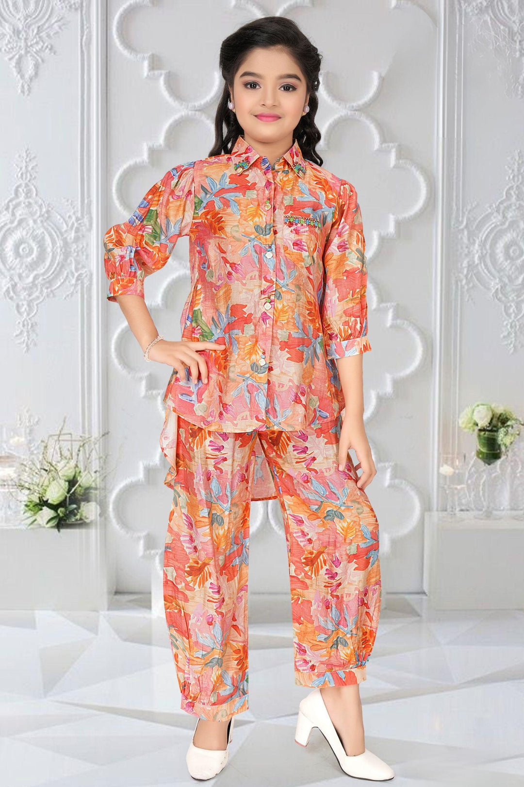 Peach with Printed and Pearl work Co-ord Set for Girls - Seasons Chennai