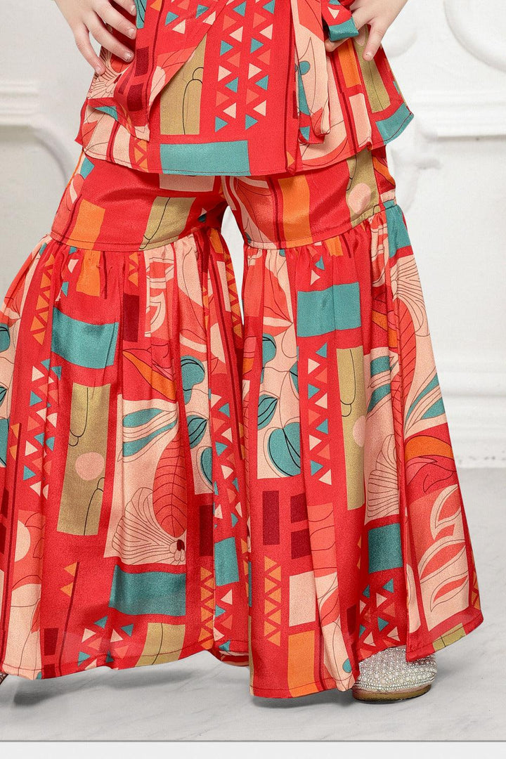 Tomato Red Multicolor Digital Print Sharara Suit Set for Girls - Seasons Chennai