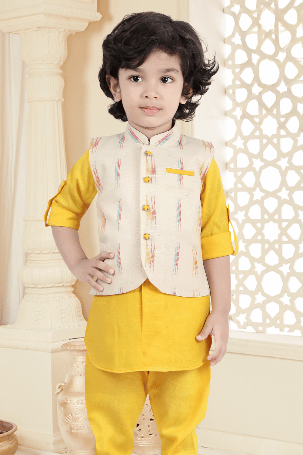 Yellow with Cream Printed Waist Coat Kurta Set for Boys - Seasons Chennai