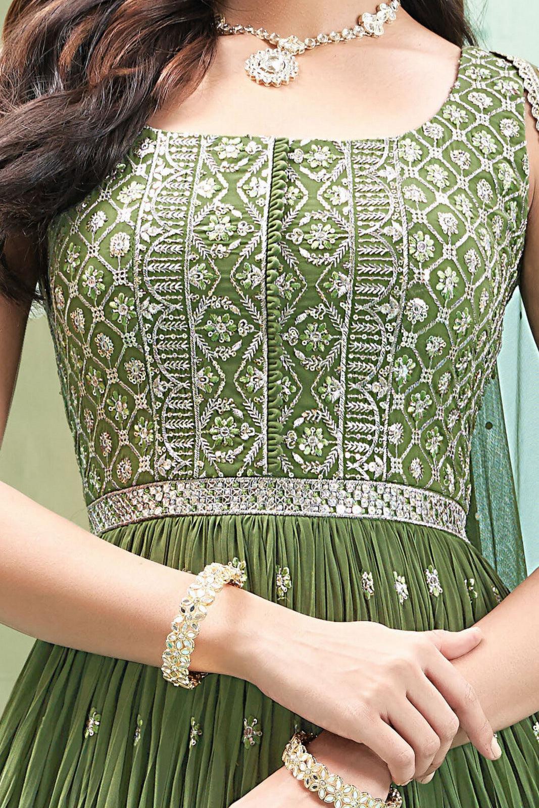 Green Sequins, Zari and Thread work Floor Length Anarkali Suit - Seasons Chennai