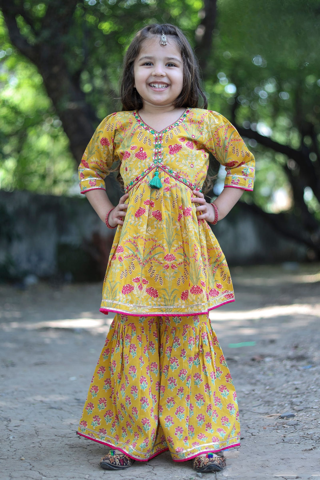 Yellow with Multicolor Digital Print and Thread work Peplum Top and Sharara Set for Girls