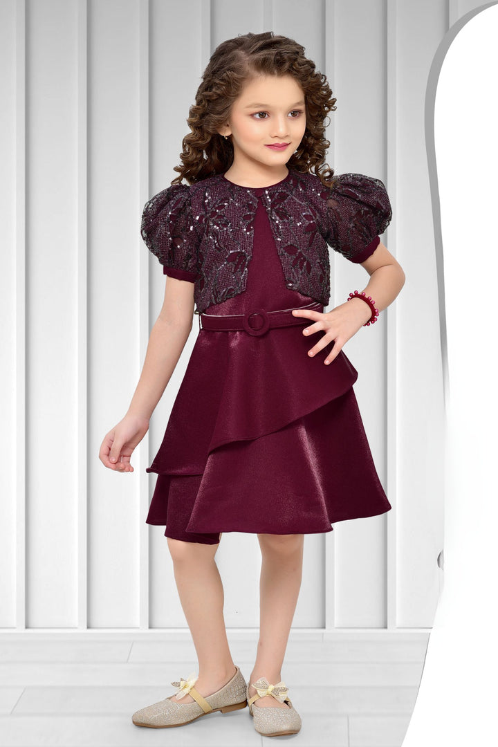 Maroon Sequins and Zari work Short Frock for Girls