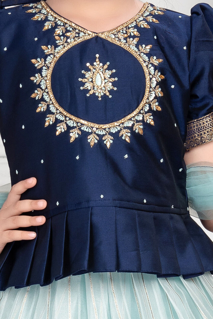 Blue with Sea Green Banaras, Beads and Stone work Lehenga Choli for Girls