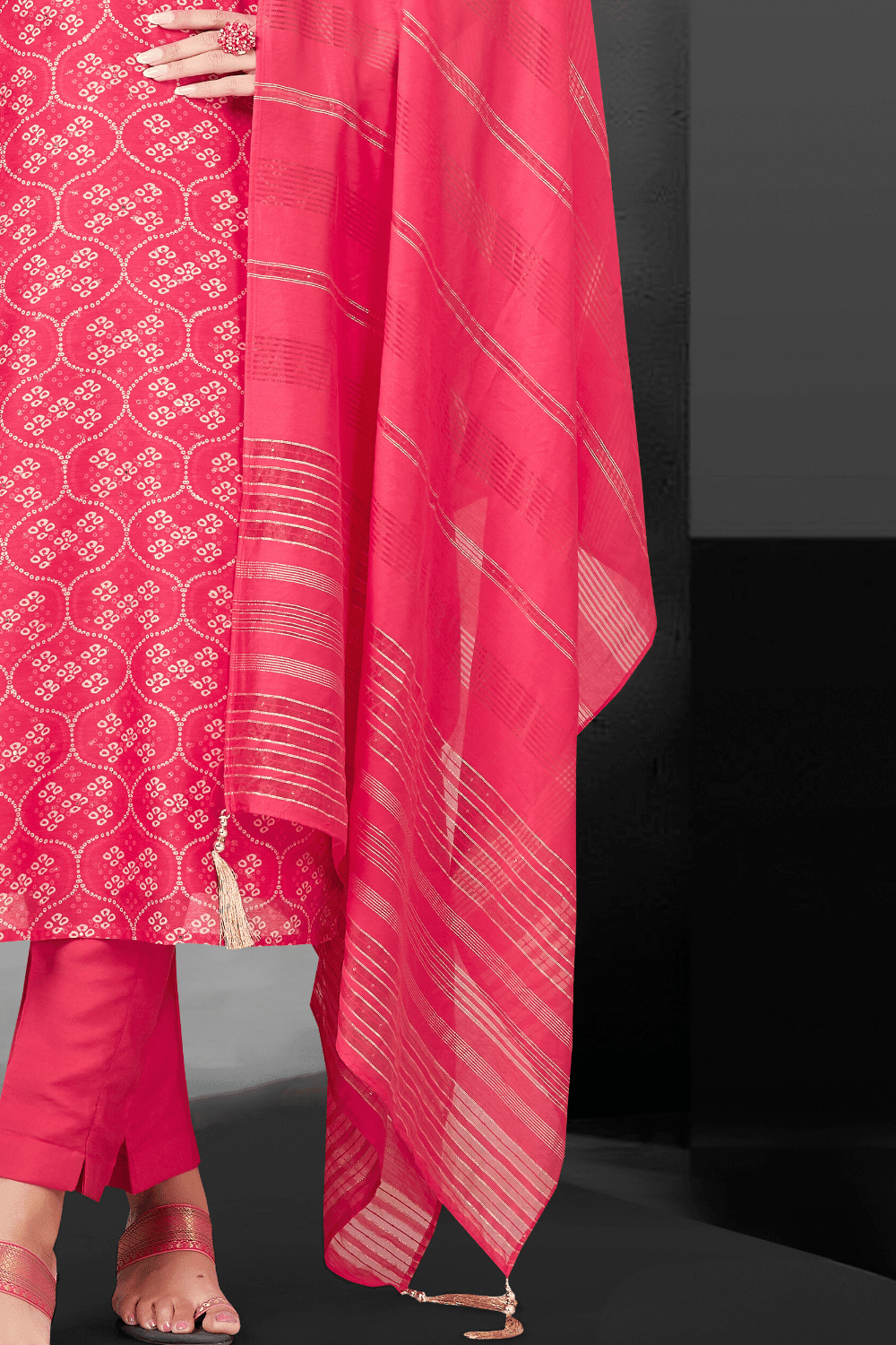 Pink Sequins, Beads, Zardozi and Mirror work with Bandini Print Straight Cut Salwar Suit - Seasons Chennai