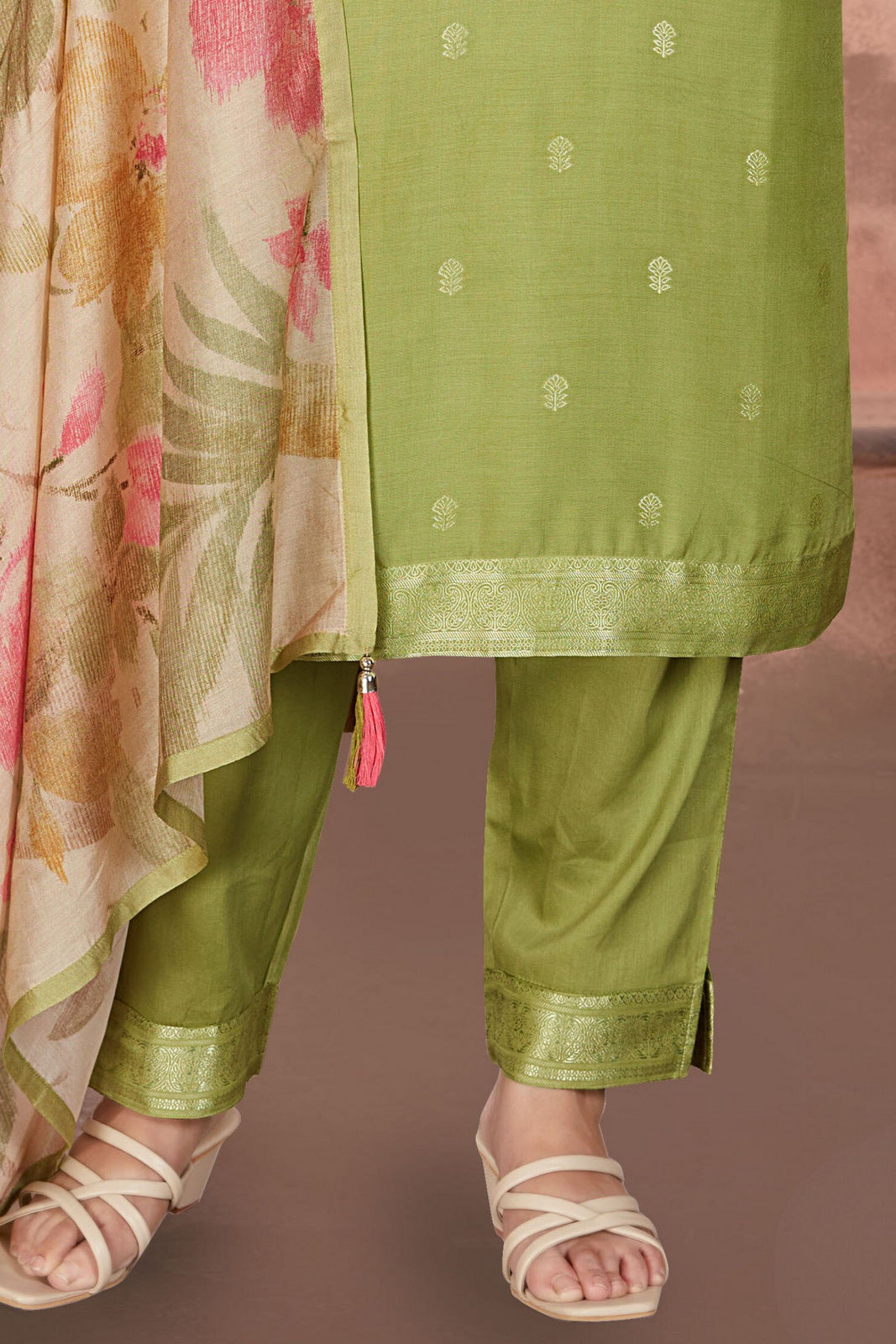 Green with Banaras work Straight Cut Salwar Suit