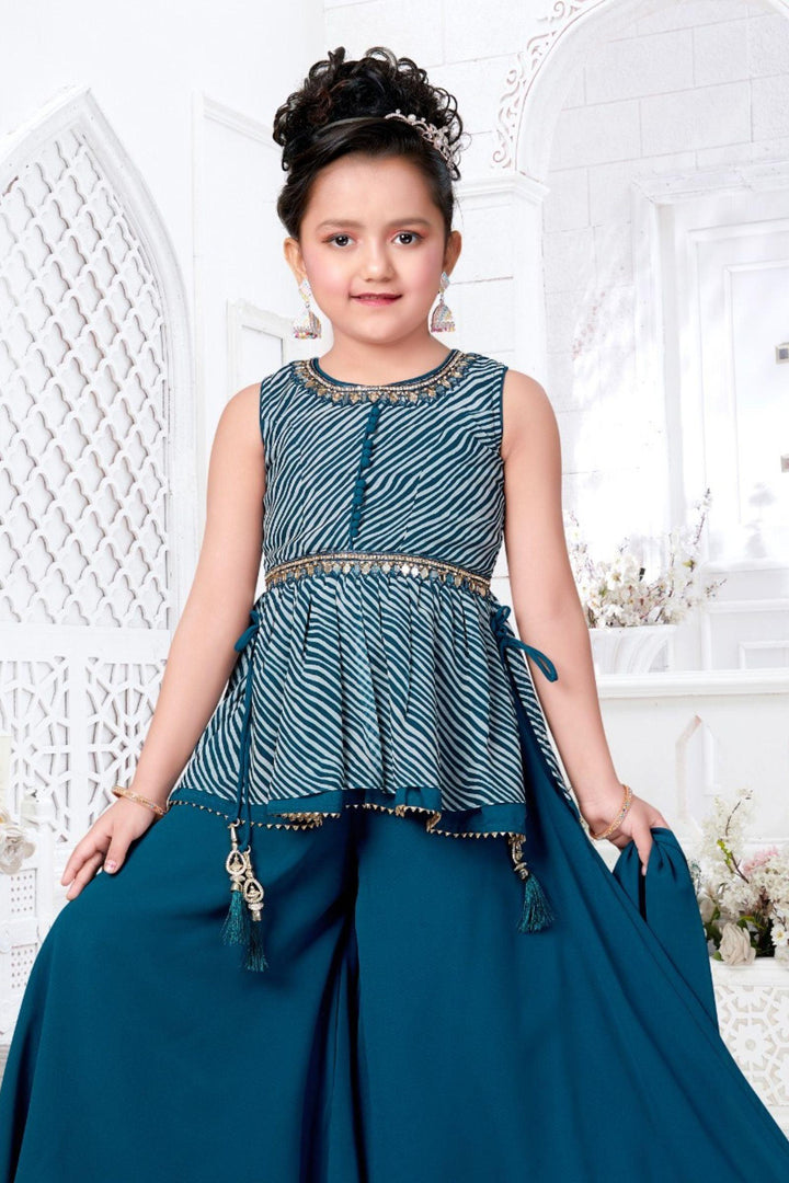 Blue Stone and Mirror work with Leheria Print Peplum Top for Girls Palazzo Suit Set - Seasons Chennai
