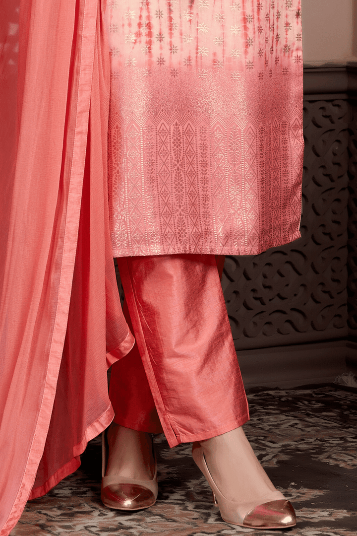 Peach with Orange Mirror, Zardozi, Thread and Pearl work Straight Cut Salwar Suit - Seasons Chennai