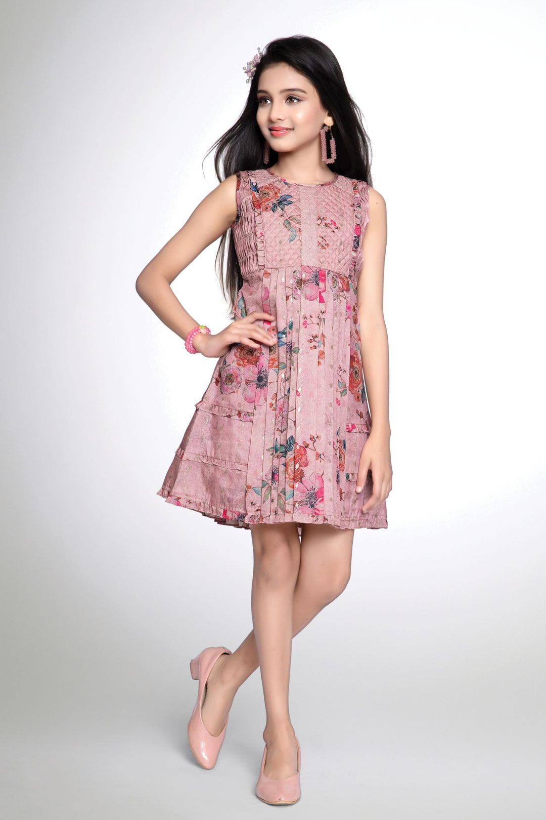 Onion Pink Sequins and Thread work with Floral Print Knee Length Casual Frock for Girls
