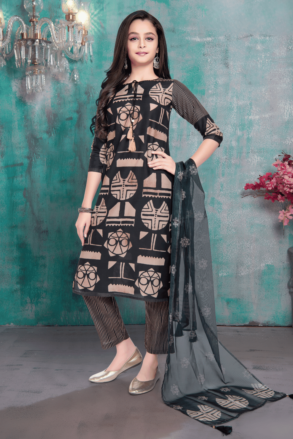 Black with Printed Straight Cut Salwar Suit for Girls - Seasons Chennai