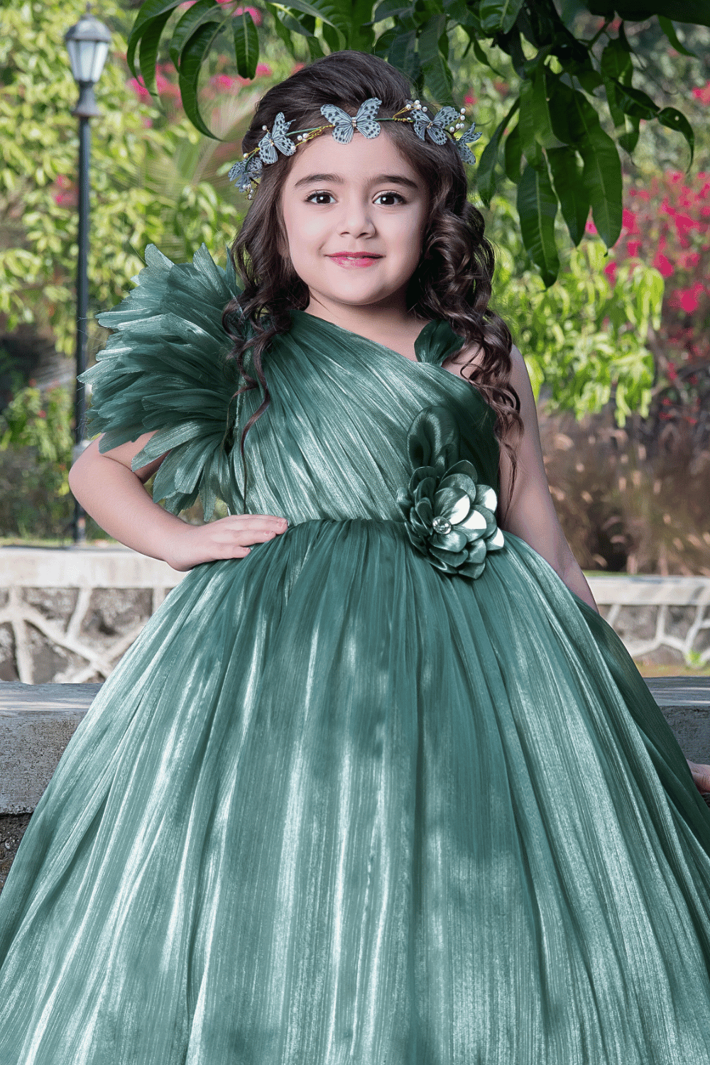 Olive Green Handmade Flowers work Long Party Ball Gown for Girls