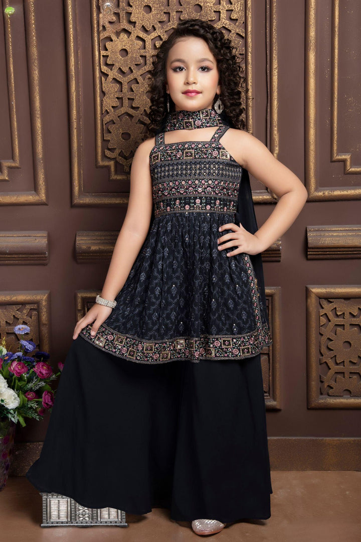Grey Multicolor Embroidery and Sequins work Peplum Top and Palazzo Set for Girls - Seasons Chennai