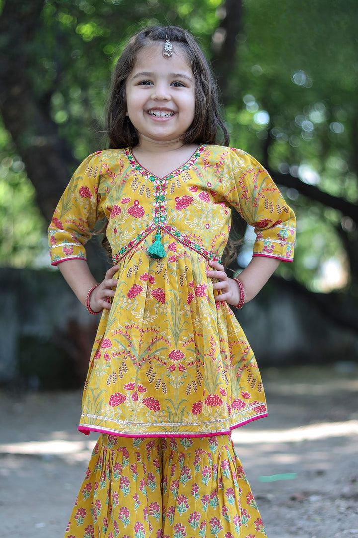 Yellow with Multicolor Digital Print and Thread work Peplum Top and Sharara Set for Girls