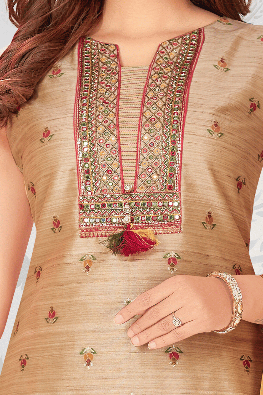 Offwhite Pearl Work & Red Bullion Floral Pattern in Pink Fabric Hand  Embroidery Kurti Material