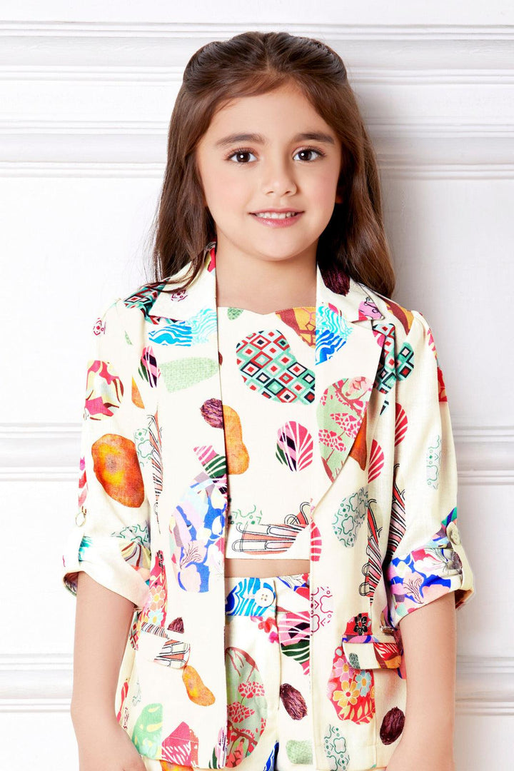 Cream with Multicolor Digital Print Overcoat Styled with Shorts Co-ord Set for Girls - Seasons Chennai