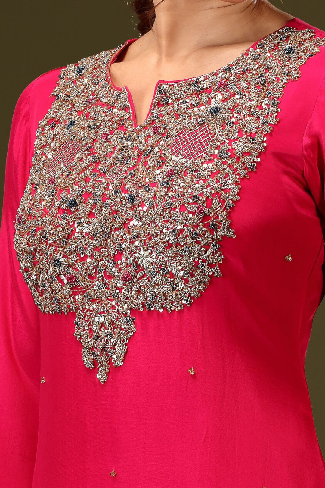 Rani Pink Zardozi, Sequins and Beads work Straight Cut Salwar Suit