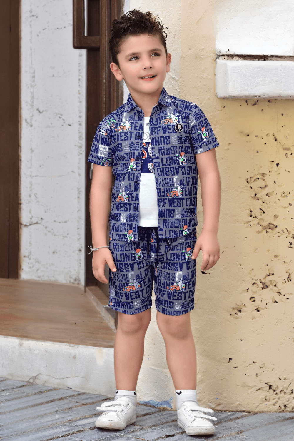 Blue Printed Blazer with White T-Shirt and Half Shorts for Boys - Seasons Chennai