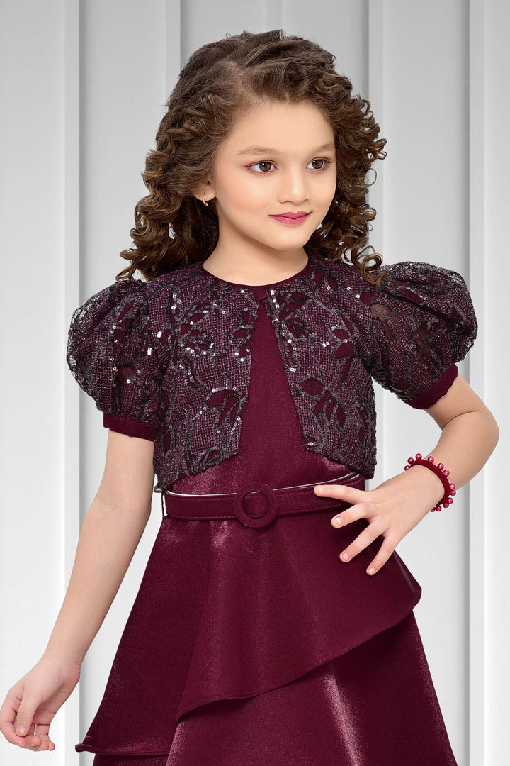 Maroon Sequins and Zari work Short Frock for Girls