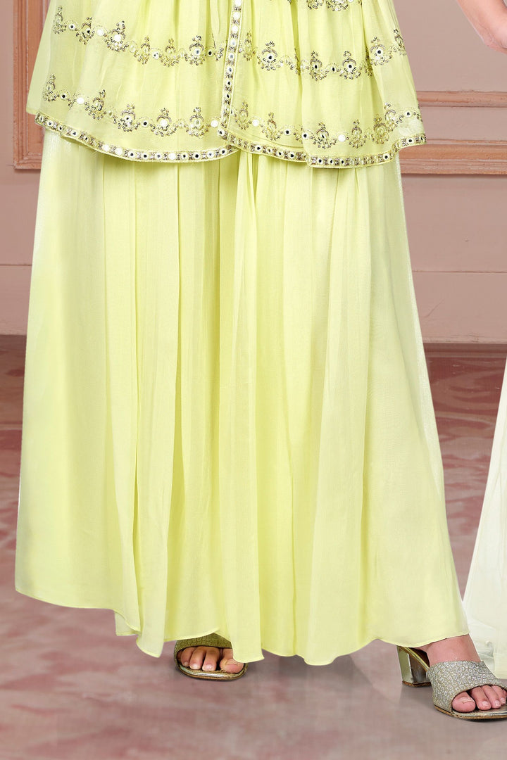 Lemon Green Sequins and Zari work Peplum Style Palazzo Suit Set for Girls