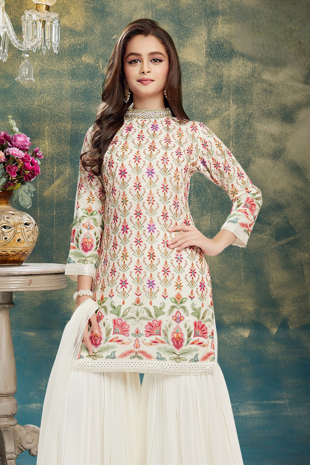 Cream Multicolor Embroidery, Sequins and Stone work for Girls Sharara Suit Set