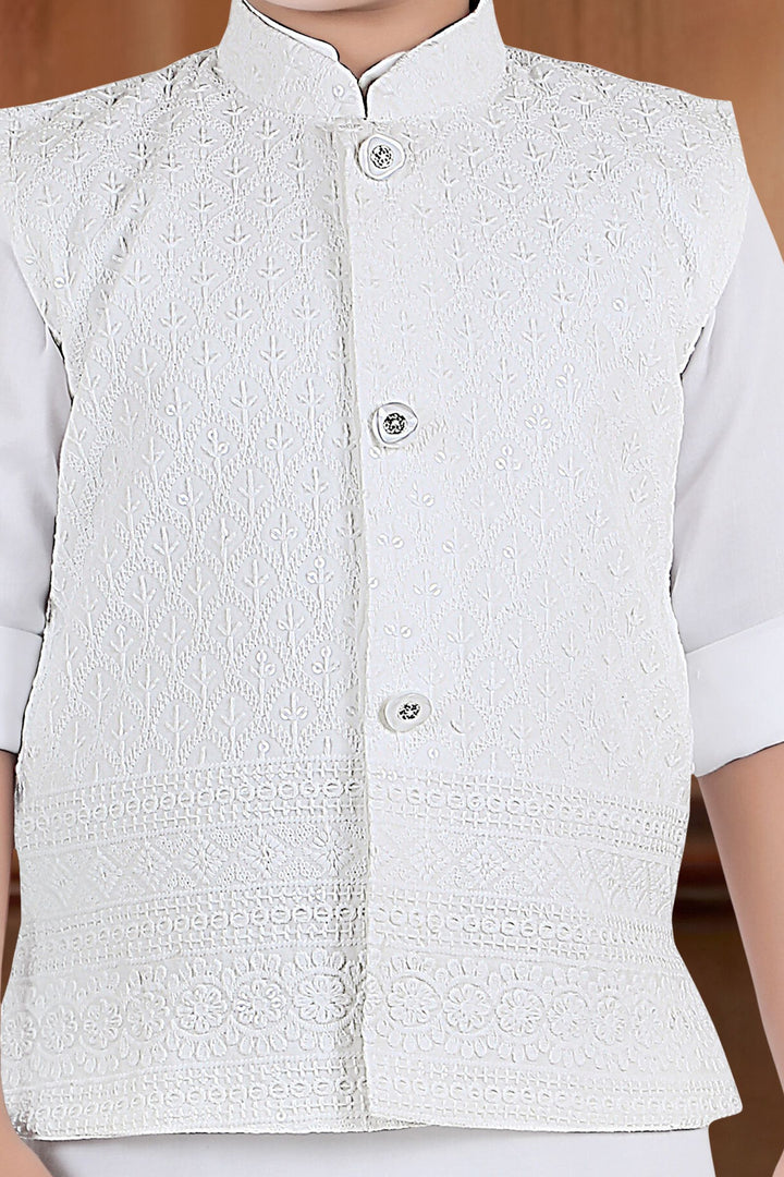 White Thread and Sequins work Waist Coat Kurta Set for Boys